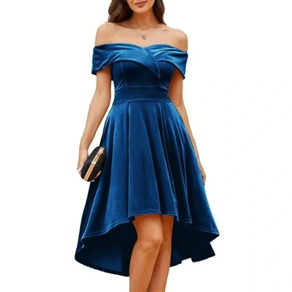 blue dress for baby girl Perza Royal Blue Off Shoulder Velvet Gown main image 1